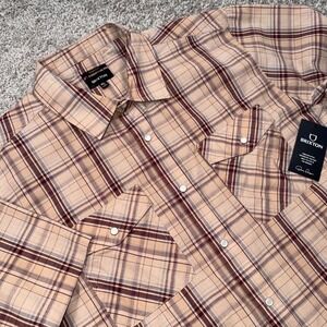 Brixton Wayne Western Plaid Shirt Mens XXL Short Sleeve Snap Front Tan NEW